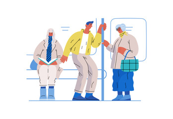 Mutual Support Giving up seat in public transport -modern flat vector concept illustration of man offering his seat to elderly woman on bus A metaphor of voluntary, collaborative exchanges of services