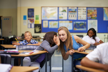 High school, friends and students whispering in classroom for secret, gossip or chatting in lesson. Listening, girls or sneaky female learners sharing quiet message or information secretly in ear - obrazy, fototapety, plakaty