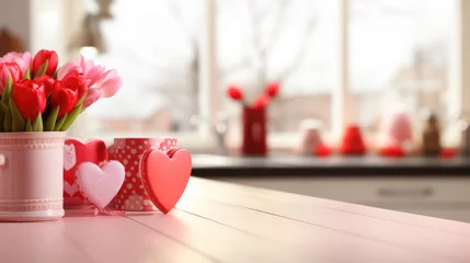 Fotobehang St Valentines Day themed border on kitchen table with Love heart and red tulips and blurred kitchen in the background © David