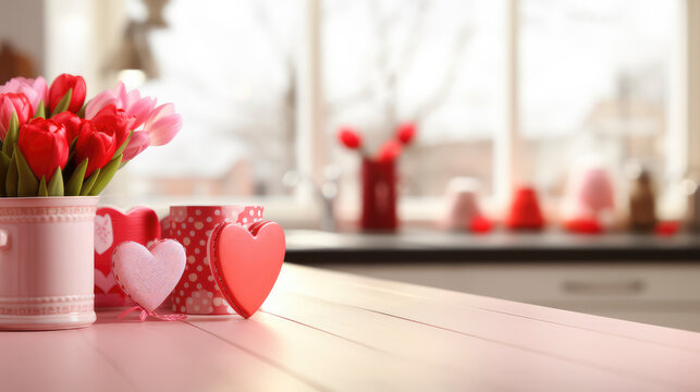 St Valentines Day themed border on kitchen table with Love heart and red tulips and blurred kitchen in the background
