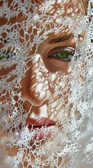  beautiful woman, oil painting, oil on canvas, Fractal white lace tablecloth in front of the angel's face