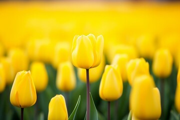 A vibrant yellow tulip stands out in a field of blurred yellow tulips. Generative AI