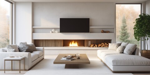 Fototapeta na wymiar Family living room with fireplace, TV, and sofa in gray and white.