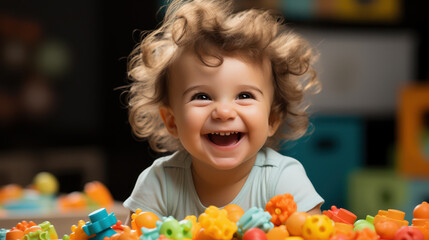 Cheerful toddler with curly hair playing with toys