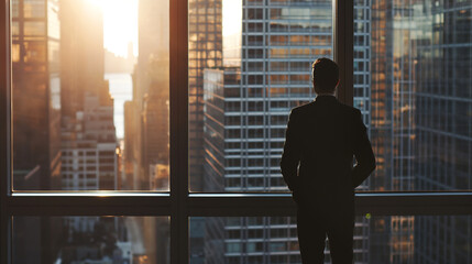 Businessman standing in office room on the Skyscraper in New York