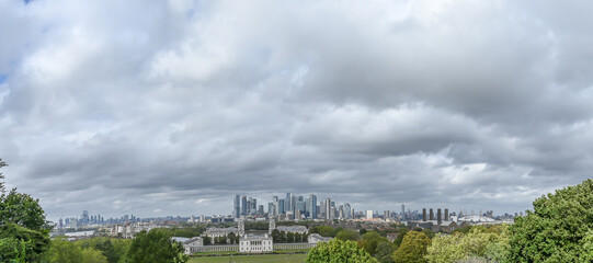 London, UK, 24 September 2023: Panorama of the National Maritime Museum and Canary Wharf, London,...