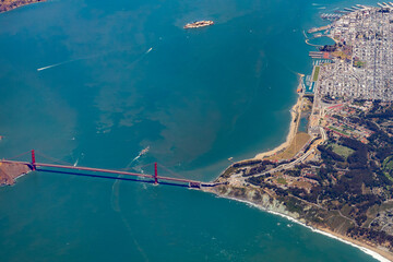 aerial of bay with downtown San Francisco and Golden gate bridge