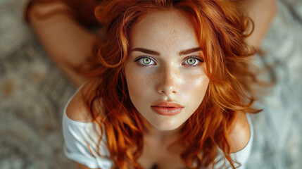 Cute girl with green eyes and red hair kneeling