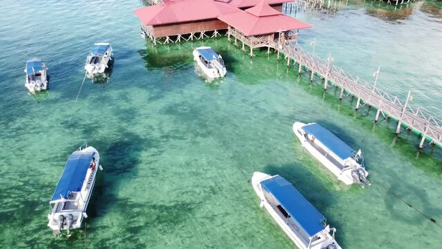 Drone view of Mabul Island, the base for diving in Sipadan Island, Sabah state in Malaysia.