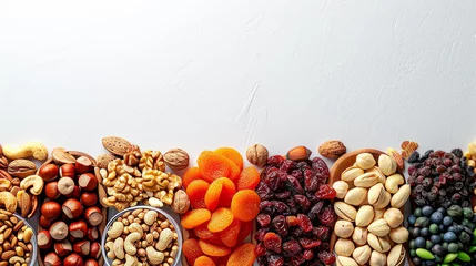 Fotobehang Different dried fruits and nuts on white background © Ярослав Антонюк