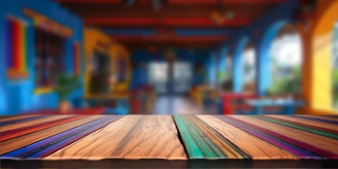 Keuken spatwand met foto Rustic table with colors, Mexican colorful restaurant background © Gabriela