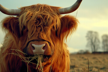  A shaggy Highland cow with striking horns and a ginger coat grazes peacefully in a rural field at sunset.