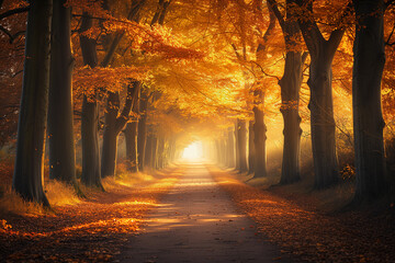 A autumnal forest path in a golden glow, with morning light filtering through the vibrant fall foliage.