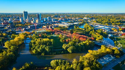 Aerial Autumn Cityscape with River and Bridges in Fort Wayne