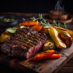 Savor the Art: Feast your eyes on an exquisite 8K masterpiece – a succulent medium-rare steak adorned with grill marks, paired with vibrant roasted vegetables on a rustic wooden canvas, Generative AI