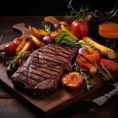 Savor the Art: Feast your eyes on an exquisite 8K masterpiece – a succulent medium-rare steak adorned with grill marks, paired with vibrant roasted vegetables on a rustic wooden canvas, Generative AI
