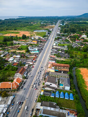Aerial view of the tourist resort town of Bang Niang and Nangthong in the Khao Lak area of western Thailand