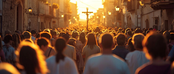People carrying Jesus cross. Holy Week Procession - obrazy, fototapety, plakaty