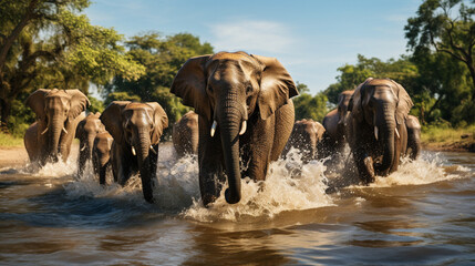Naklejka premium elephants in the river