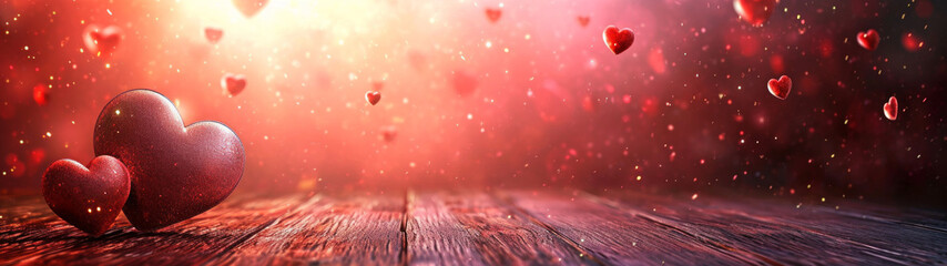 Abstract panorama background with luminous red hearts