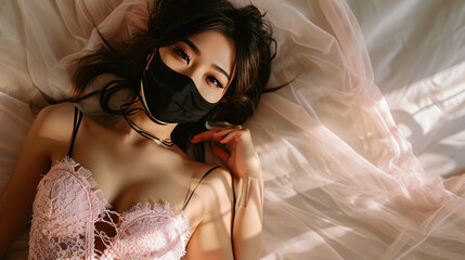 Cute Asian girl in mask lies on bed - obrazy, fototapety, plakaty