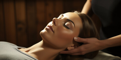 A peaceful woman receiving a soothing head massage at a spa