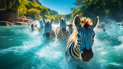 zebra crossing the water - obrazy, fototapety, plakaty