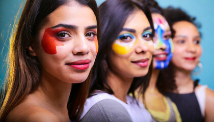 Obraz premium Portrait of group of young people with face painted in different colors. Diversity and multiculturalism concept.