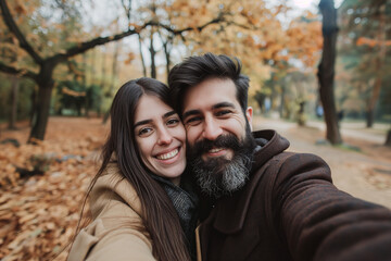 A bearded man in a dark coat and a woman with long hair wearing a light coat are hugging and smiling warmly as they take a selfie in a park with trees in the background