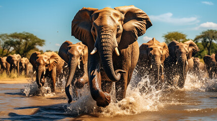 herd of elephants in the savannah - obrazy, fototapety, plakaty