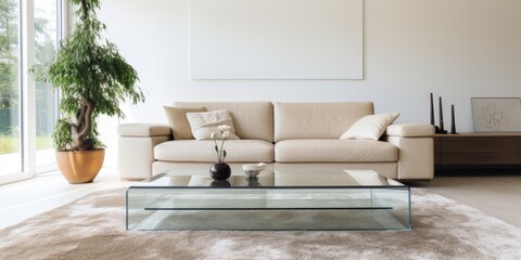 Taupe leather sofa and glass table on carpet in white living room. - obrazy, fototapety, plakaty