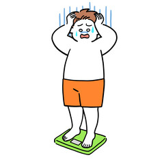 体重計に乗ってショックを受けている太り気味の男性