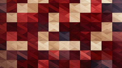 Geometric pattern on it, in the style of maroon and brown, wood veneer mosaics, large scale abstraction, dark maroon and light beige, faceted shapes, wallpaper, rug
