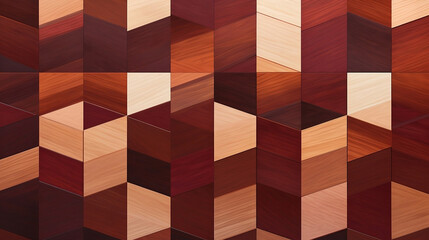 Geometric pattern on it, in the style of maroon and brown, wood veneer mosaics, large scale abstraction, dark maroon and light beige, faceted shapes, wallpaper, rug
