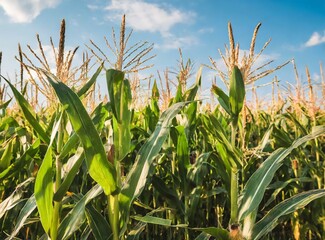 Obraz premium Beautiful scenic view on field of corn. high grass plants and crops. blue sky in the background/wallpaper.
