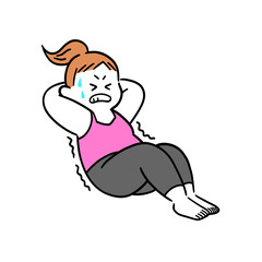 苦しい表情を浮かべながら腹筋運動をしている太り気味の女性