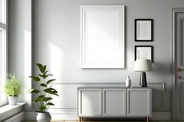 Blank frame on cabinet in living room interior on empty wall background.