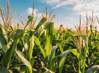 Fototapeta premium Beautiful scenic view on field of corn. high grass plants and crops. blue sky in the background/wallpaper.
