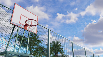 basketball hoop over blue sky background with green,