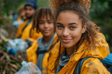 A diverse group of young people and volunteers clean up garbage in nature