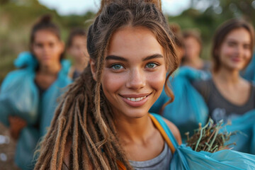Fototapeta premium A diverse group of young people and volunteers clean up garbage in nature