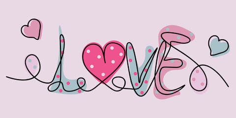 Colorful lettering Love with hearts on violet background. Happy Valentines Day in line art style. Editable stroke. Bright black, pink vector illustration for cards, business, banners, textile, wedding