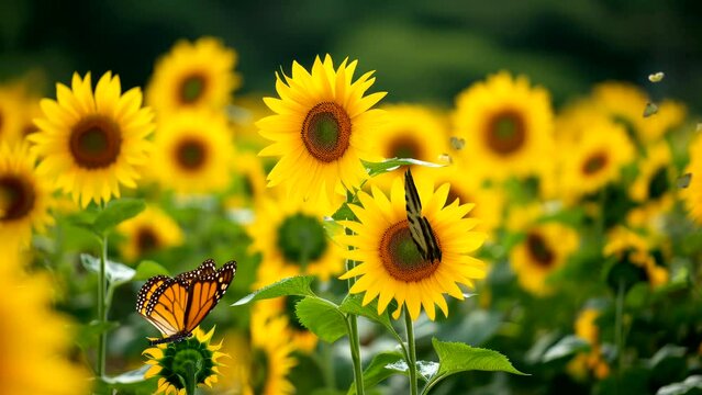 sunflower field with butterfly, spring season concept nature landscape video looping seamless for live wallpaper