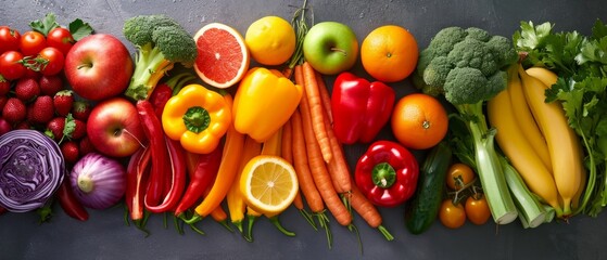 Assortment of fresh organic fruits and vegetables in rainbow colors - obrazy, fototapety, plakaty