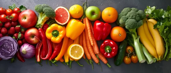 Fotobehang Assortment of fresh organic fruits and vegetables in rainbow colors © Artem