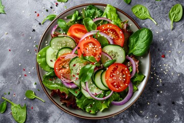 Healthy vegetable salad of fresh tomato, cucumber, onion, spinach, lettuce on plate