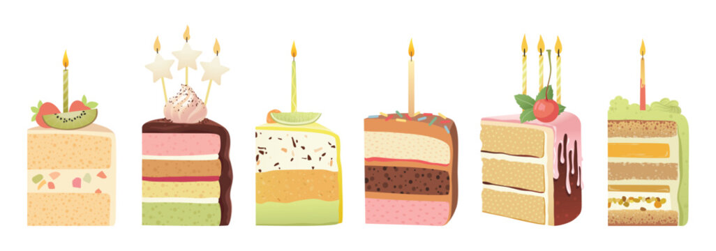 Birthday cakes slices with candles. Set of different pieces of cakes for greeting cards, stickers, banners, and postcards. Vector illustration isolated on a white background.