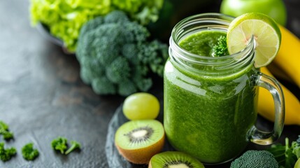 Fototapeta premium Glass jar mugs with green health smoothie, kale leaves, lime, apple, kiwi, grapes, banana, avocado, lettuce