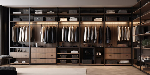 luxury wardrobe with a lot of expensive man clothes perfectly organized  - obrazy, fototapety, plakaty