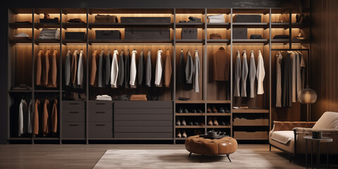 Fototapeta na wymiar luxury wardrobe with a lot of expensive man clothes perfectly organized 